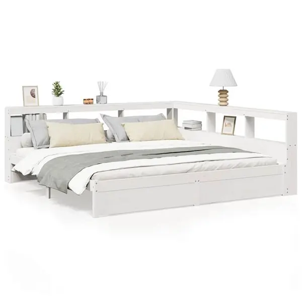 vidaXL Säng med bokhylla utan madrass vit 200x200cm massiv furu Fynd