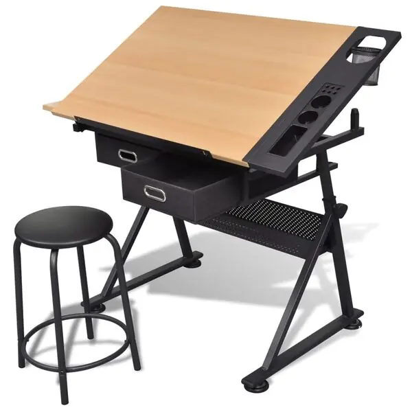 Handla nu vidaXL Vinklingsbart ritbord med 2 lådor och 1 pall