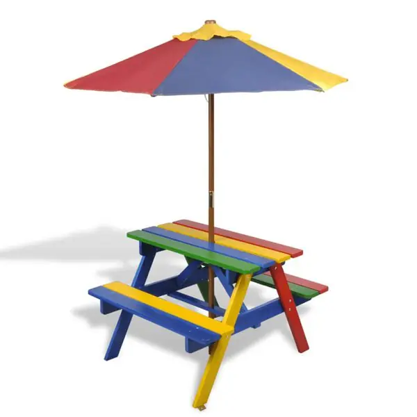 Rea vidaXL Picknickbord med bänkar och parasoll för barn flerfärgad trä