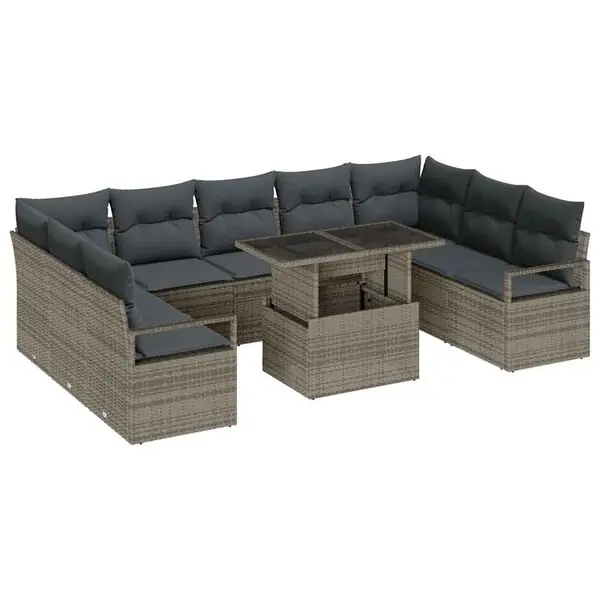 vidaXL Trädgårdsoffset med lagring 10 pcs Grå Poly rattan Snabb leverans