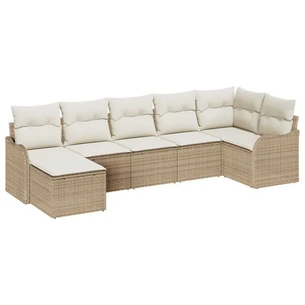 vidaXL Trädgårdsoffset med kudde 7 pcs Beige och vit Poly rattan Premium