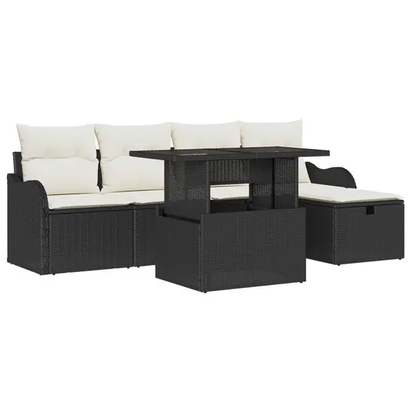 Köp online vidaXL Trädgårdsoffset med kudde med lagring 6 pcs Svart Poly rattan