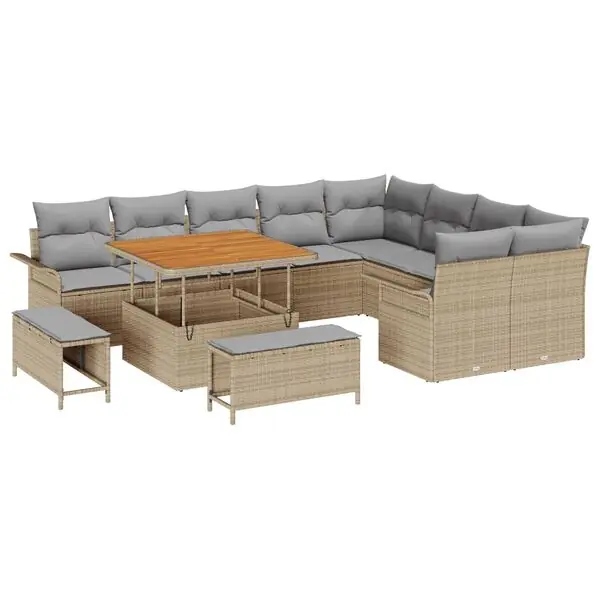 vidaXL Trädgårdsoffset med kudde 12 pcs Beige konstrotting Rea