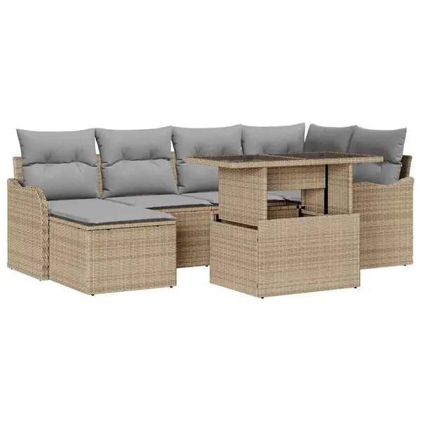 vidaXL Trädgårdsoffset med kudde med lagring 7 pcs Beige Poly rattan Beställ nu