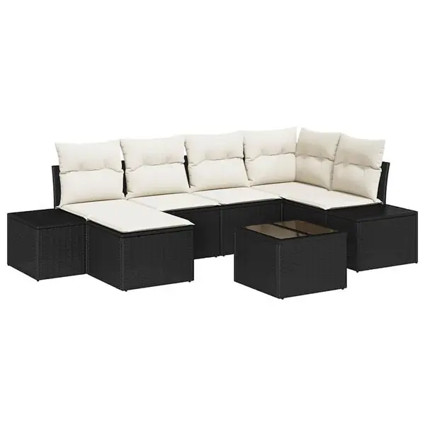 vidaXL Trädgårdsoffset med kudde 7 pcs Svart och gräddvit Poly rattan Rea