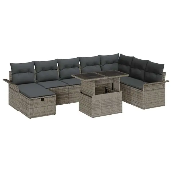 risnedsättning vidaXL Trädgårdsoffset med kudde med lagring 9 pcs Grå Poly rattan