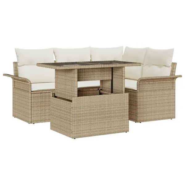 Outlet vidaXL Trädgårdsoffset med kudde med lagring 5 pcs Beige Poly Rattan