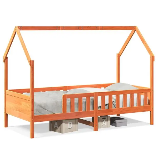 Expressleverans vidaXL Barnsäng med husram vaxad brun 90x200 cm massiv furu