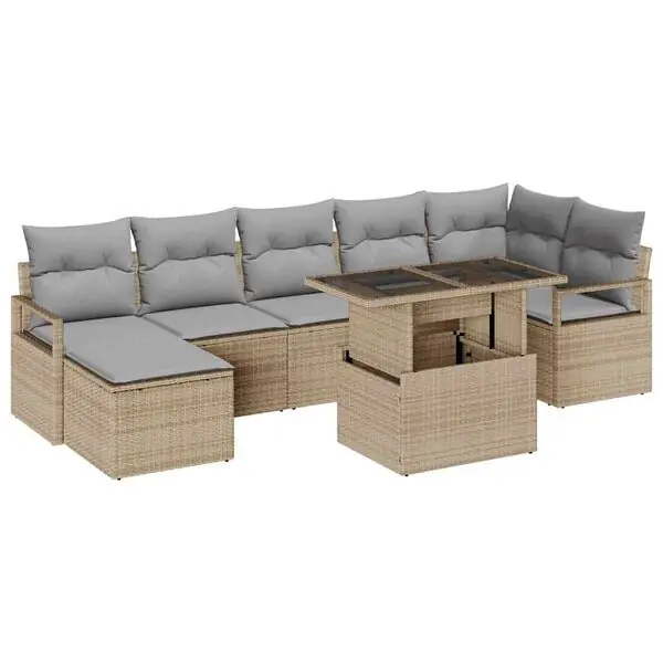 Nedsatt pris vidaXL Trädgårdsoffset med lagring 8 pcs Beige Poly rattan
