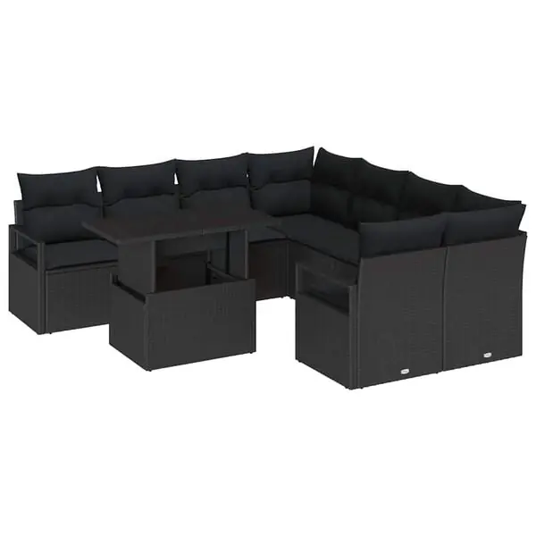 Erbjudandepris vidaXL Trädgårdsoffset med kudde med lagring 9 pcs Svart Poly rattan