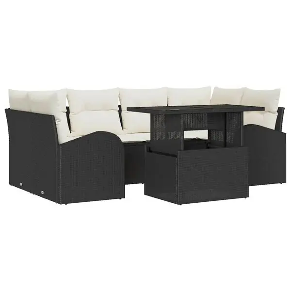 Fri frakt vidaXL Trädgårdsoffset med kudde med lagring 7 pcs Svart Poly Rattan