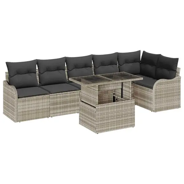I lager vidaXL Trädgårdsoffset med kudde med kudde 7 pcs Ljusgrå Poly Rattan