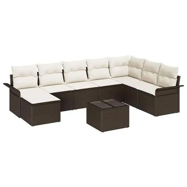 Billig vidaXL Trädgårdsoffset med kudde 9 pcs Brun Poly rattan