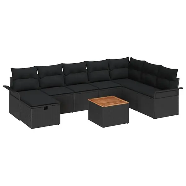 risnedsättning vidaXL Trädgårdsoffset med kudde med lagring 9 pcs Svart Poly rattan