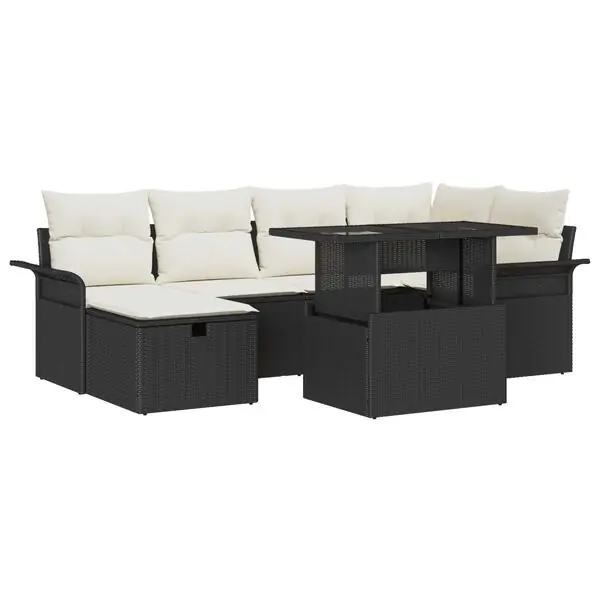 vidaXL Trädgårdsoffset med kudde med lagring 7 pcs Svart Poly rattan Säker betalning