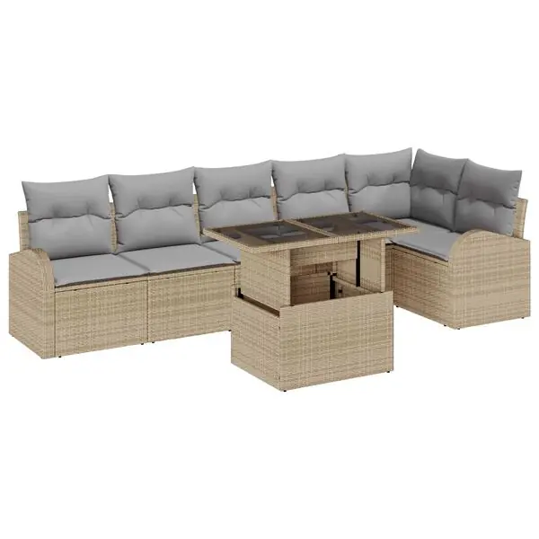 vidaXL Trädgårdsoffset med kudde med lagring 7 pcs Beige Poly rattan Snabb frakt