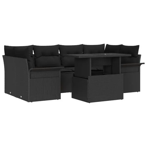 vidaXL Trädgårdsoffset med kudde med lagring 7 pcs Svart Poly Rattan risnedsättning
