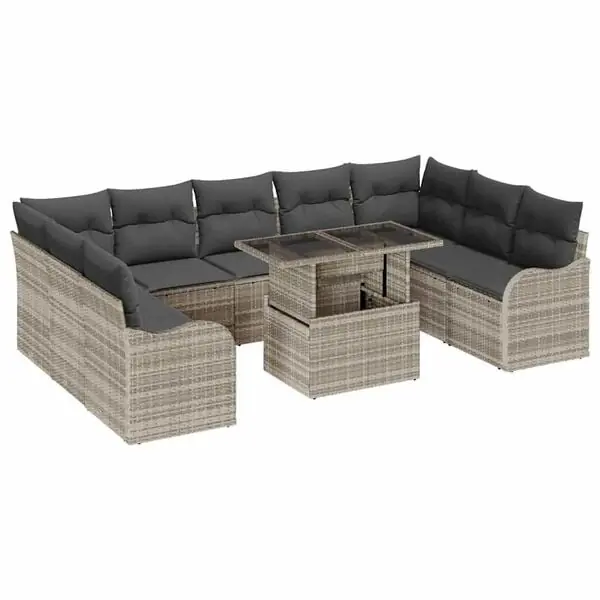 vidaXL Trädgårdsoffset med kudde 10 pcs Ljusgrå Poly rattan Premium