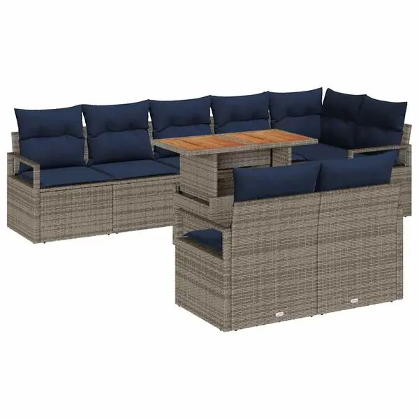 vidaXL Trädgårdsmöbelset med kudde 9 pcs Grå och Marinblå risnedsättning