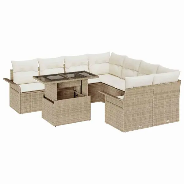 vidaXL Trädgårdsoffset med kudde med lagring 9 pcs Beige Poly Rattan Begränsat erbjudande