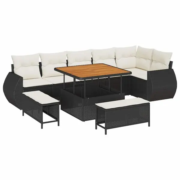 vidaXL Trädgårdsoffset med kudde 9 pcs Svart och kräm Poly Rattan Rea