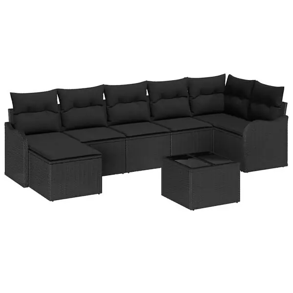Rabatt vidaXL Trädgårdsoffset med kudde 8 pcs Svart Poly rattan