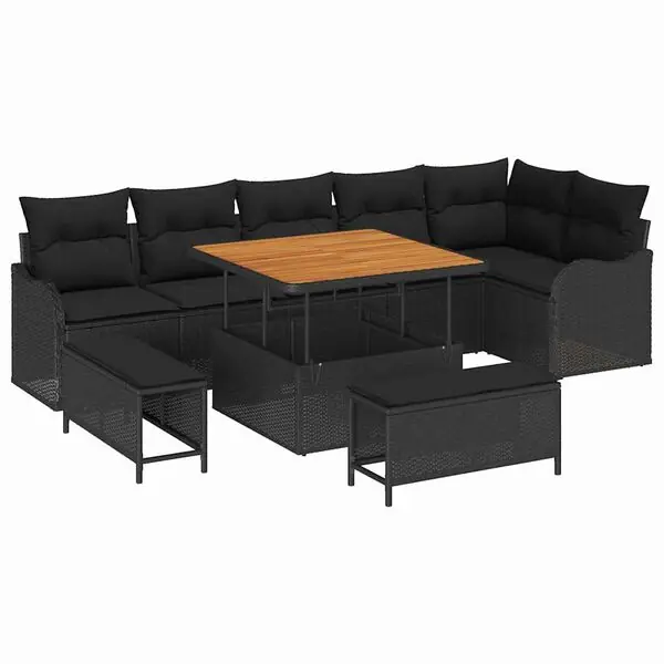 vidaXL Trädgårdsoffset med kudde 9 pcs Svart konstrotting Premium