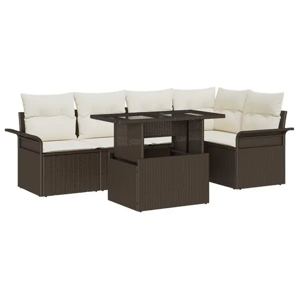 vidaXL Trädgårdsoffset med kudde med lagring 6 pcs Brun Poly rattan Lägg i varukorgen