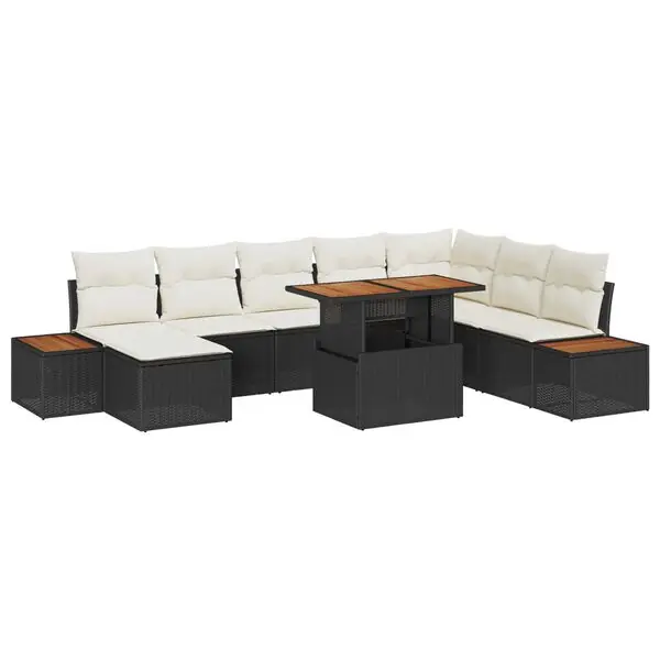 vidaXL Trädgårdsmöbelset med kudde 9 pcs Svart och beige risnedsättning