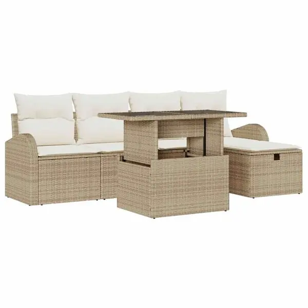Billigare vidaXL Trädgårdsoffset med kudde med lagring 6 pcs Beige Poly rattan