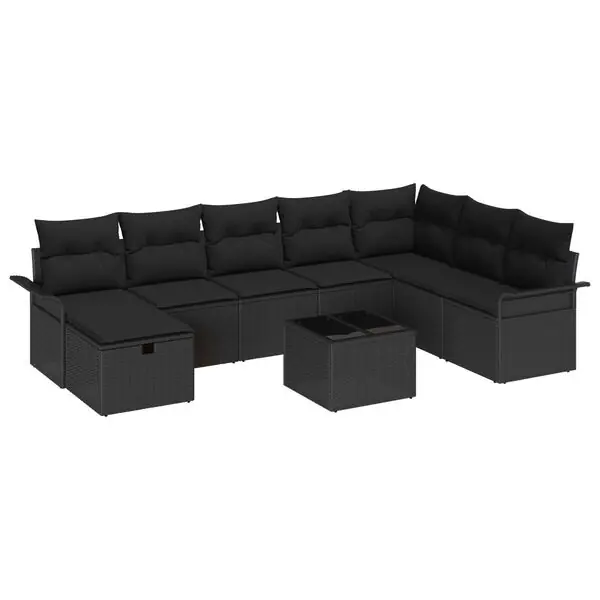 vidaXL Trädgårdsoffset med kudde med lagring 9 pcs Svart konstrotting Begränsat antal