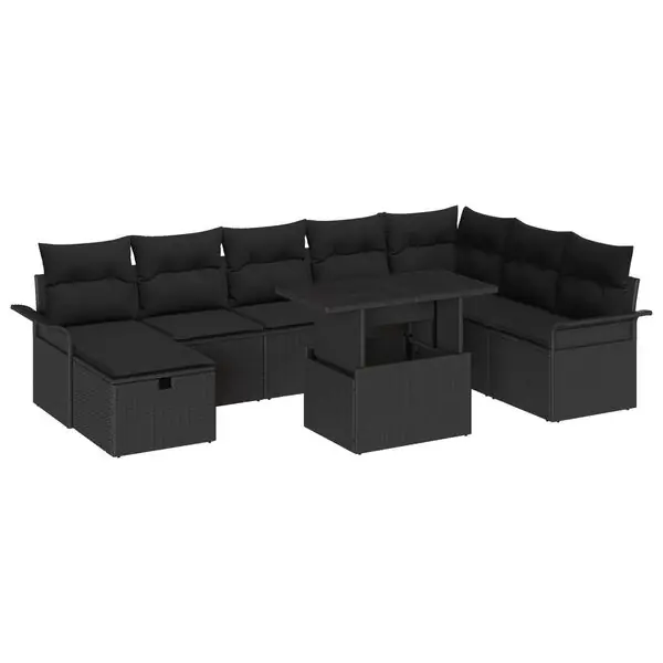 vidaXL Trädgårdsoffset med kudde med lagring 9 pcs Svart Poly rattan Sista chansen