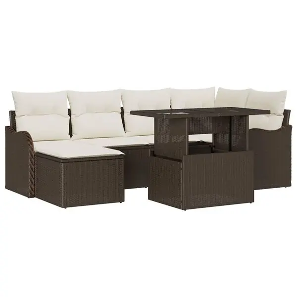 vidaXL Trädgårdsoffset med kudde med lagring 7 pcs Brun Poly rattan Trygg betalning