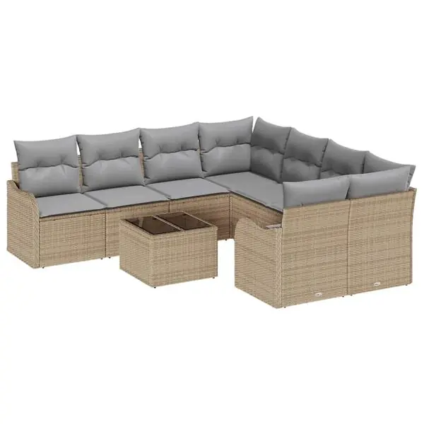 Rea vidaXL Trädgårdsoffset med kudde med lagring 9 pcs Beige konstrotting