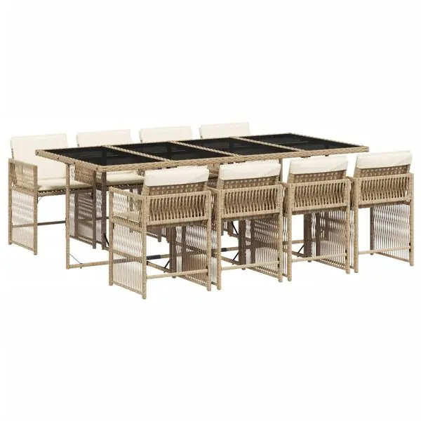 vidaXL Matgrupp för trädgården med dynor 9 delar beige konstrotting Rabatt