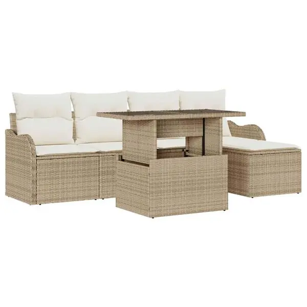 vidaXL Trädgårdsoffset med kudde 6 pcs Beige Polyrattan Reapris