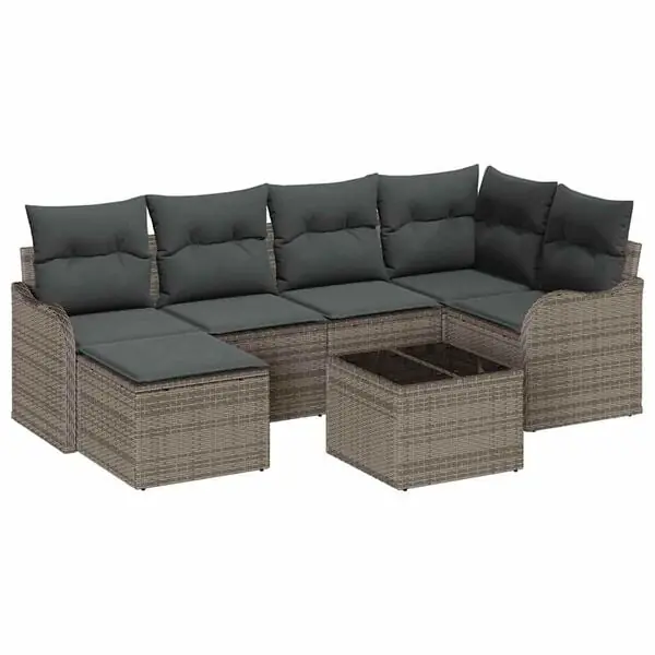 Rabatter vidaXL Trädgårdsoffset med kudde 7 pcs Grå Poly rattan
