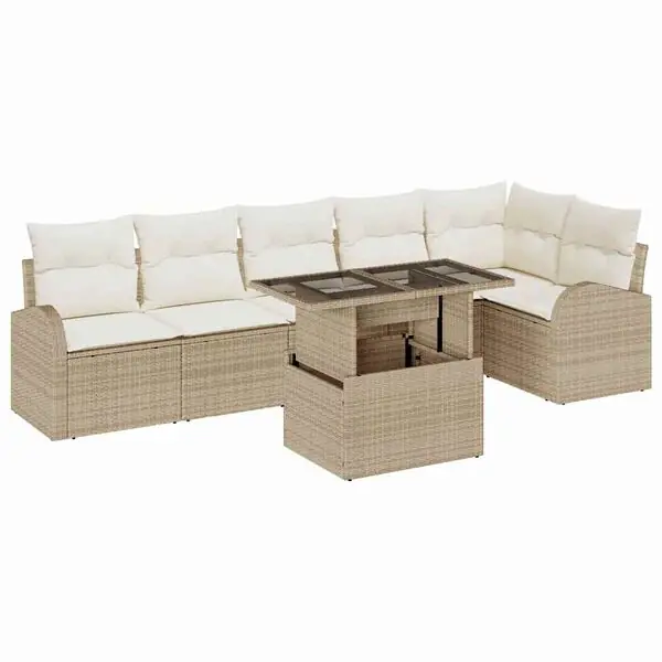 vidaXL Trädgårdsoffset med kudde 7 pcs beige och gräddvit konstrotting Billigare