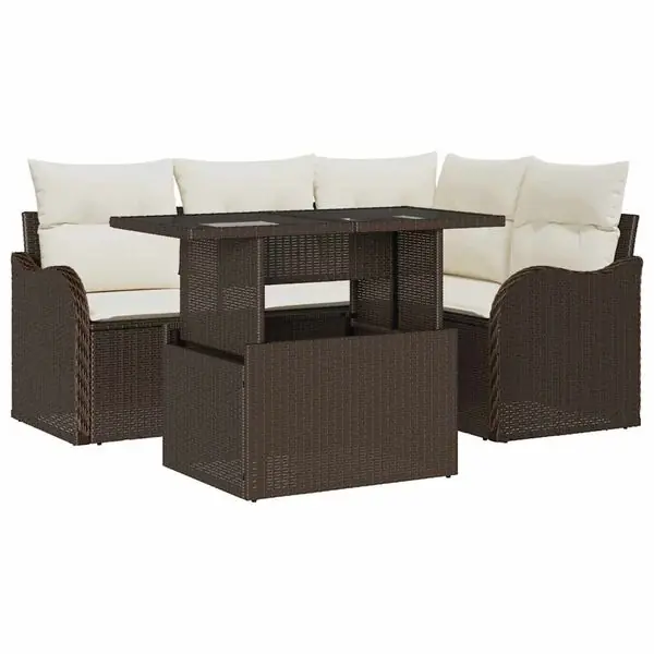 Begränsat erbjudande vidaXL Utomhusmatbord med kudde 5 pcs Brun Poly rattan
