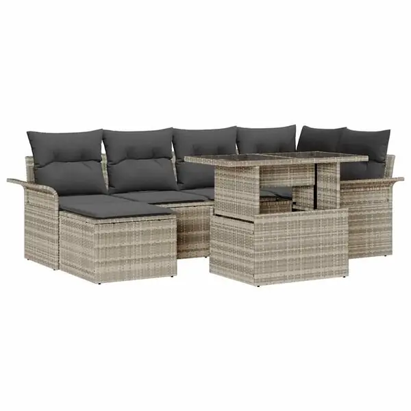 Köp nu vidaXL Trädgårdsoffset med kudde 7 pcs Ljusgrå Poly rattan