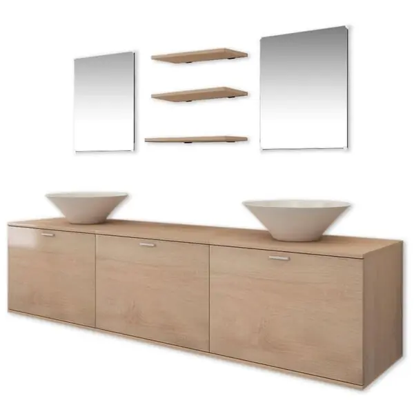 vidaXL Badrumsmöbler med handfat åtta delar beige Expressleverans