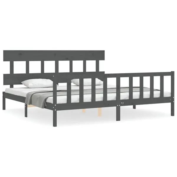 vidaXL Sängram med huvudgavel grå 200x200 cm massivt trä Fynd