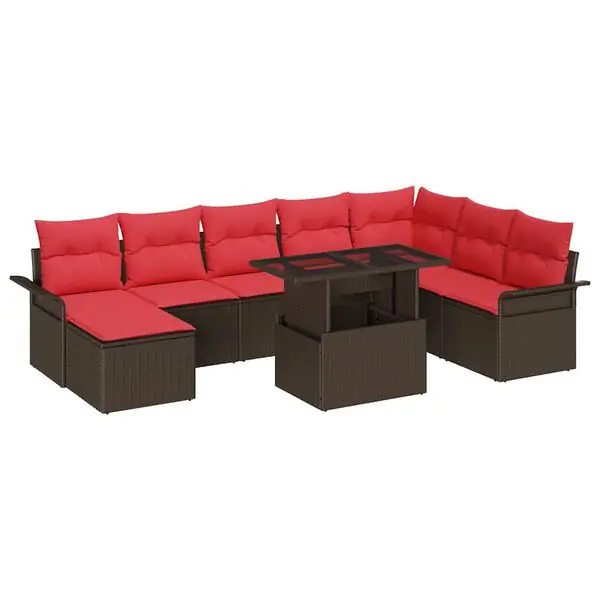 Fynd vidaXL Trädgårdsoffset med kudde 9 pcs Brun Poly Rattan