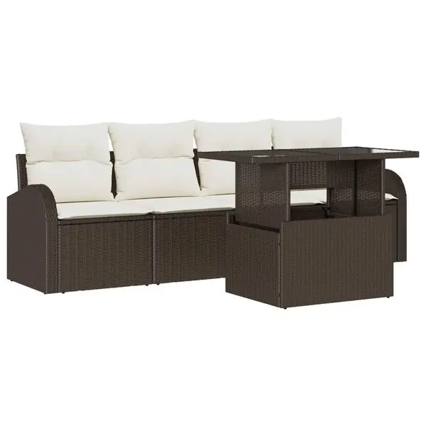 vidaXL Trädgårdsoffset med kudde med kudde 5 pcs Brun Poly Rattan Sista chansen