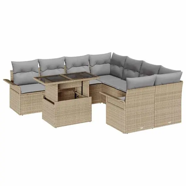 Erbjudandepris vidaXL Trädgårdsoffset med kudde med lagring 9 pcs Beige Poly Rattan