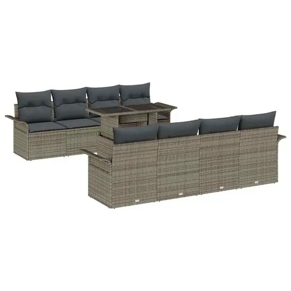 vidaXL Trädgårdsoffset med kudde med lagring 9 pcs Grå Poly Rattan Kampanj